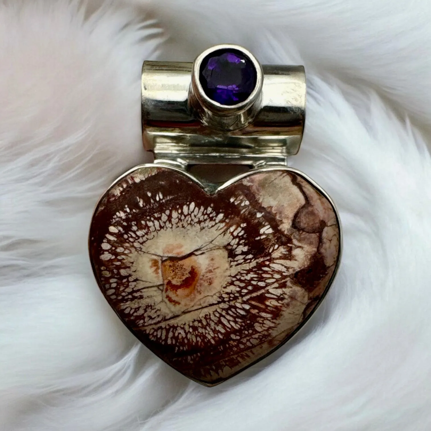 HEART Birds Eye Jasper & Amethyst Solid 925 Sterling Silver Pendant