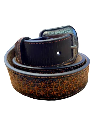 Hooey Mens Western Tooled Leather Geometric WesternBelt Brown & Orange - 1654BE2