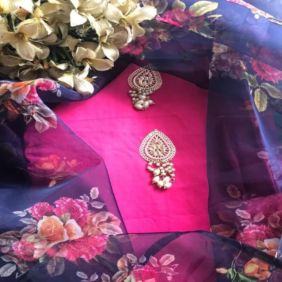 Hotpink Salwar Suit With Blue Organza Dupatta