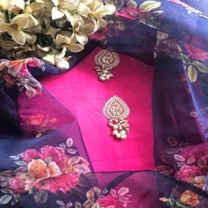 Hotpink Salwar Suit With Blue Organza Dupatta