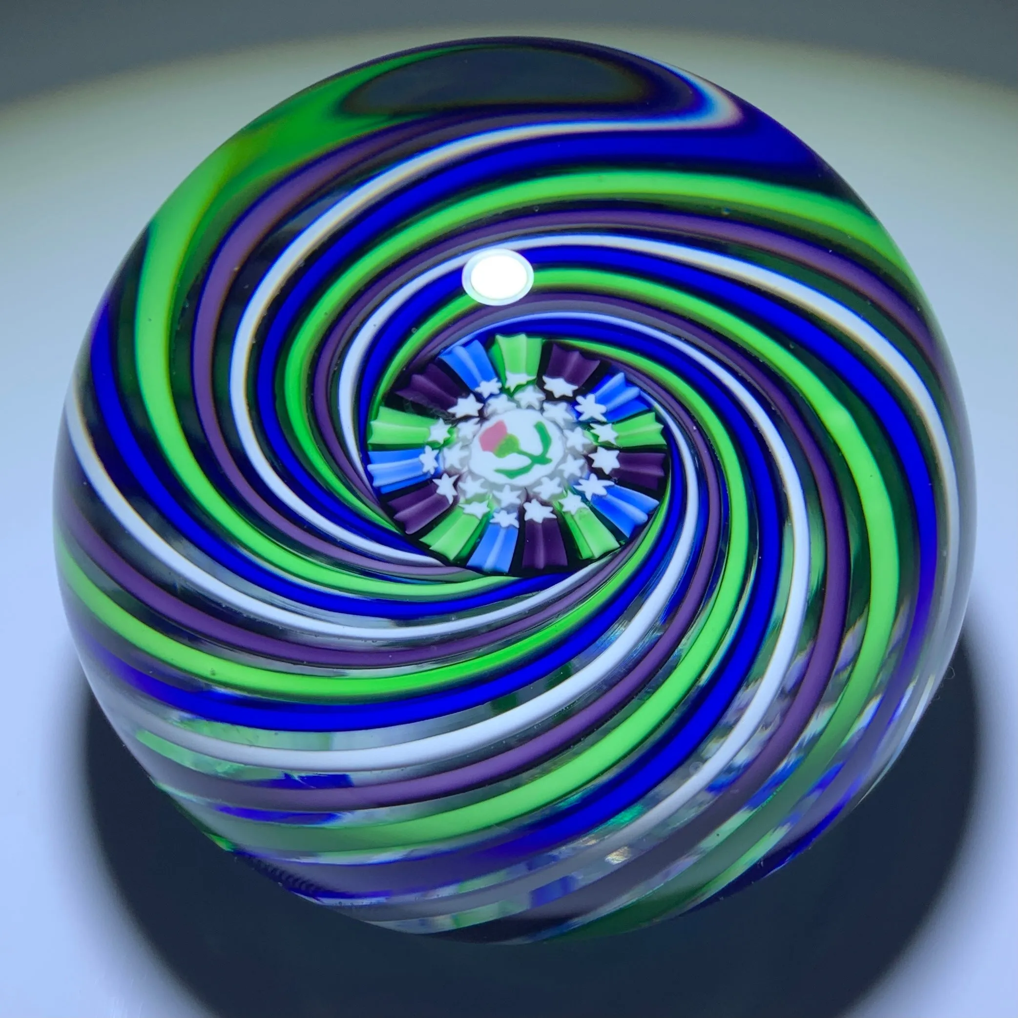 John Deacons 2018 Colorful Pinwheel Paperweight with Scottish Thistle Murrine