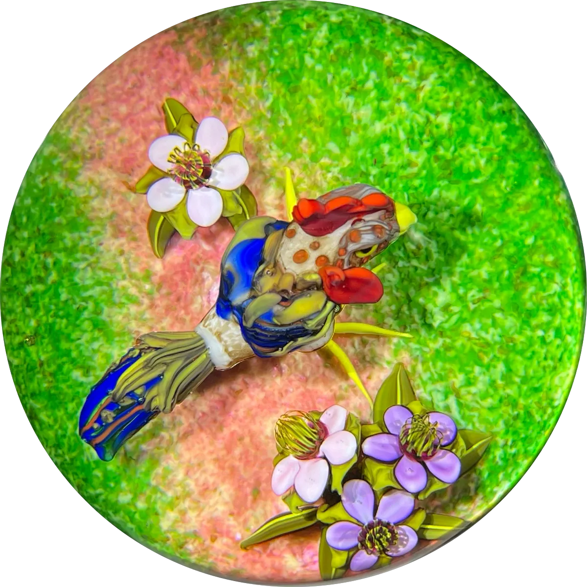 Ken Rosenfeld 2015 Colorful Flamework Rooster with Flowers