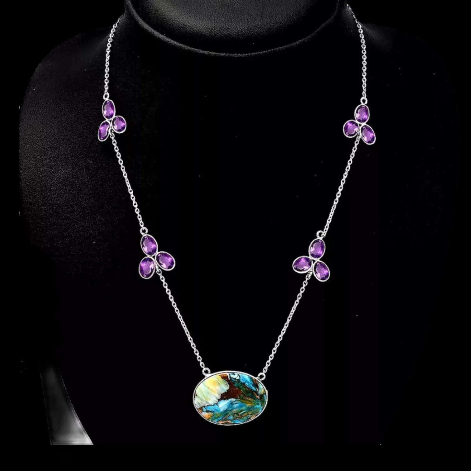 Kingman Turquoise & Oyster Solid 925 Sterling Silver Necklace