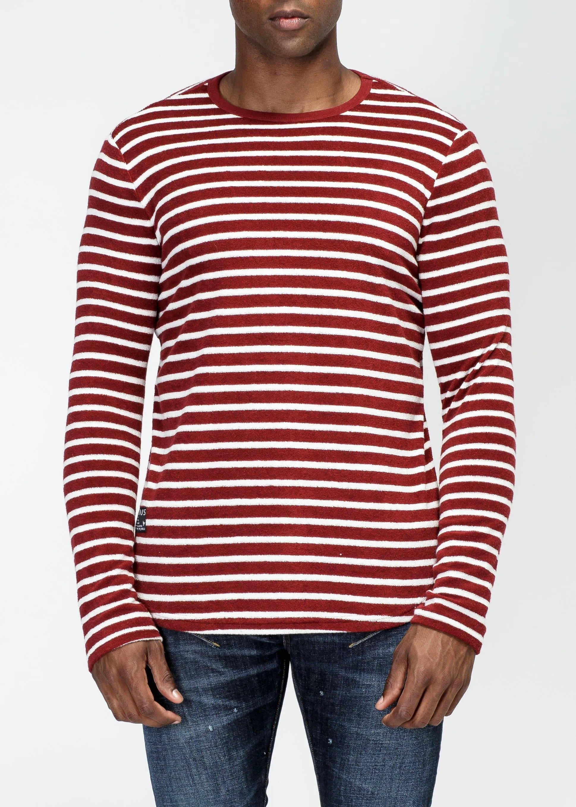 Konus Men's Scalloped Stripe Long Sleeve Tee in Burgundy by Shop at Konus
