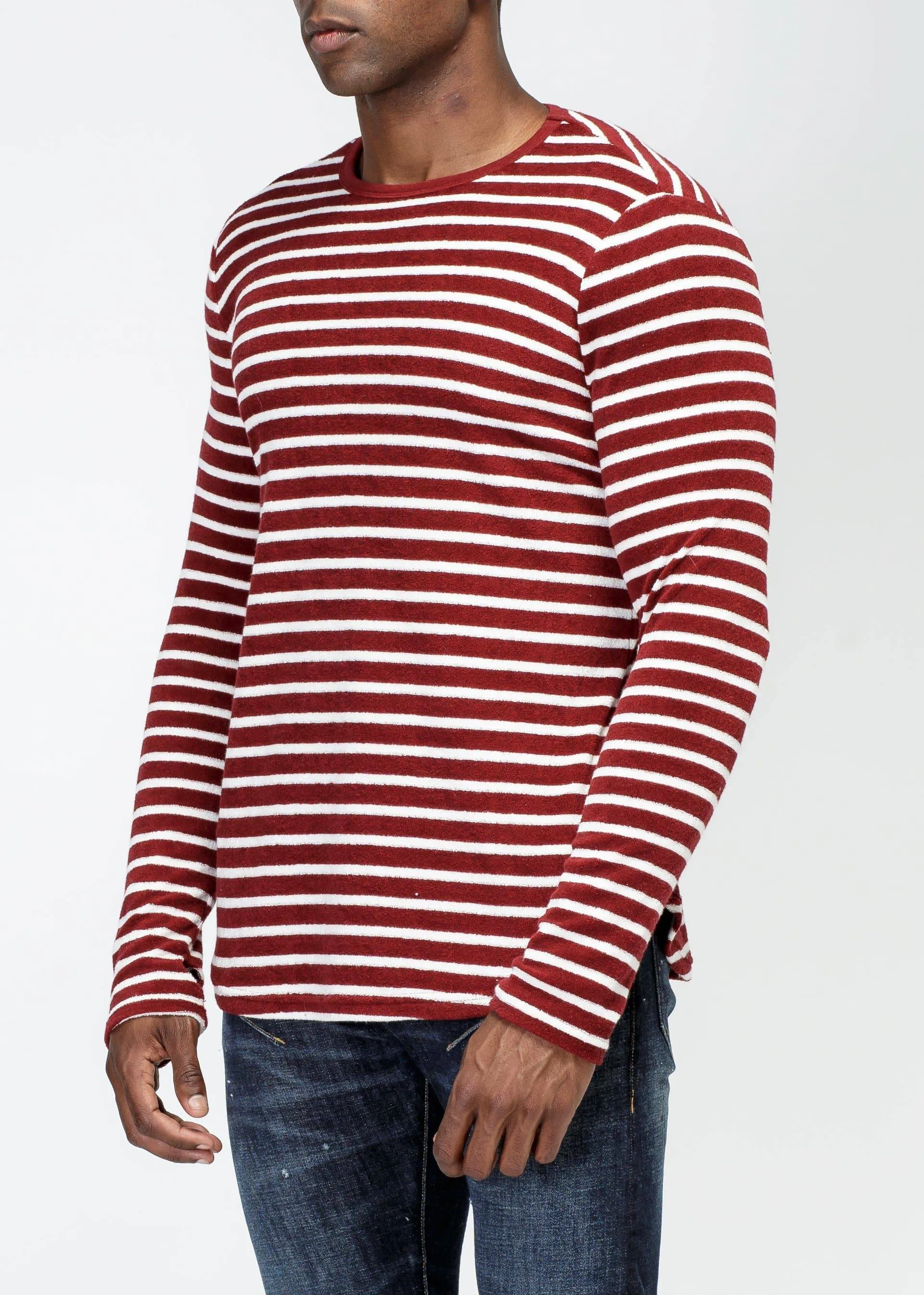 Konus Men's Scalloped Stripe Long Sleeve Tee in Burgundy by Shop at Konus