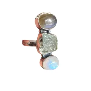 Labradorite Aquamarine Moonstone Solid 925 Sterling Silver Ring 6.5