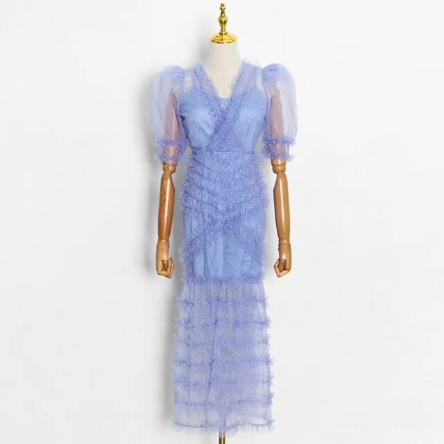 Lace Panel Dress For Women V Neck Ankle Length Dresses