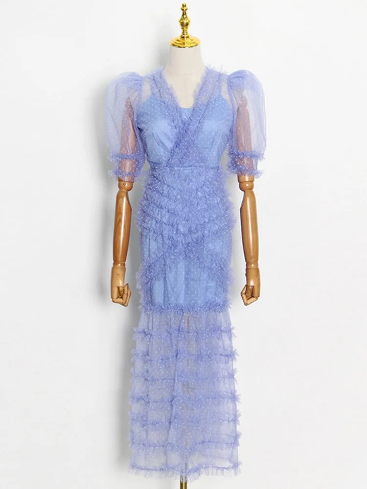 Lace Panel Dress For Women V Neck Ankle Length Dresses
