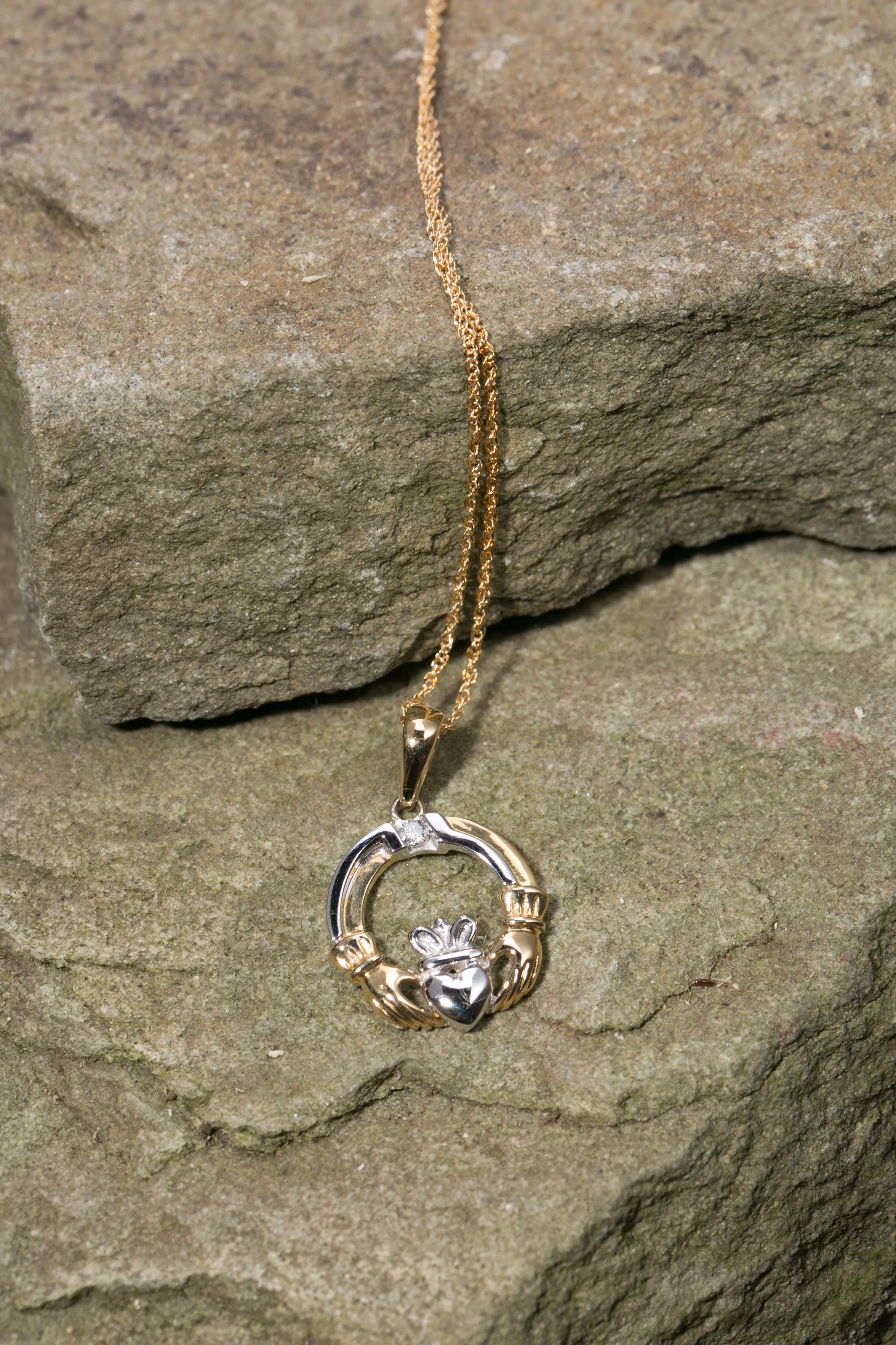 Ladies 14K Yellow and White Gold Claddagh Diamond Pendant