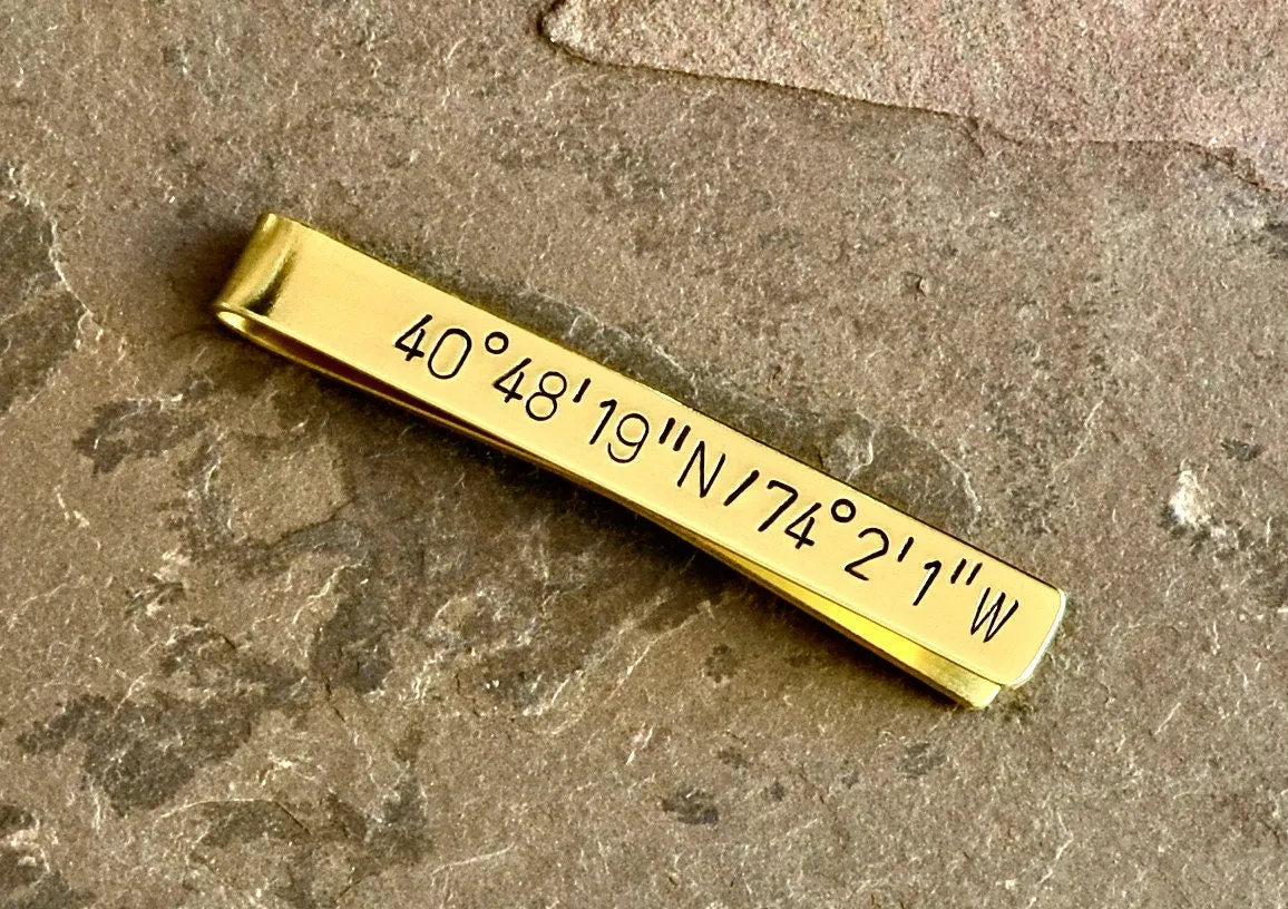 Latitude Longitude Tie Clip with Personalized Coordinates in Brass