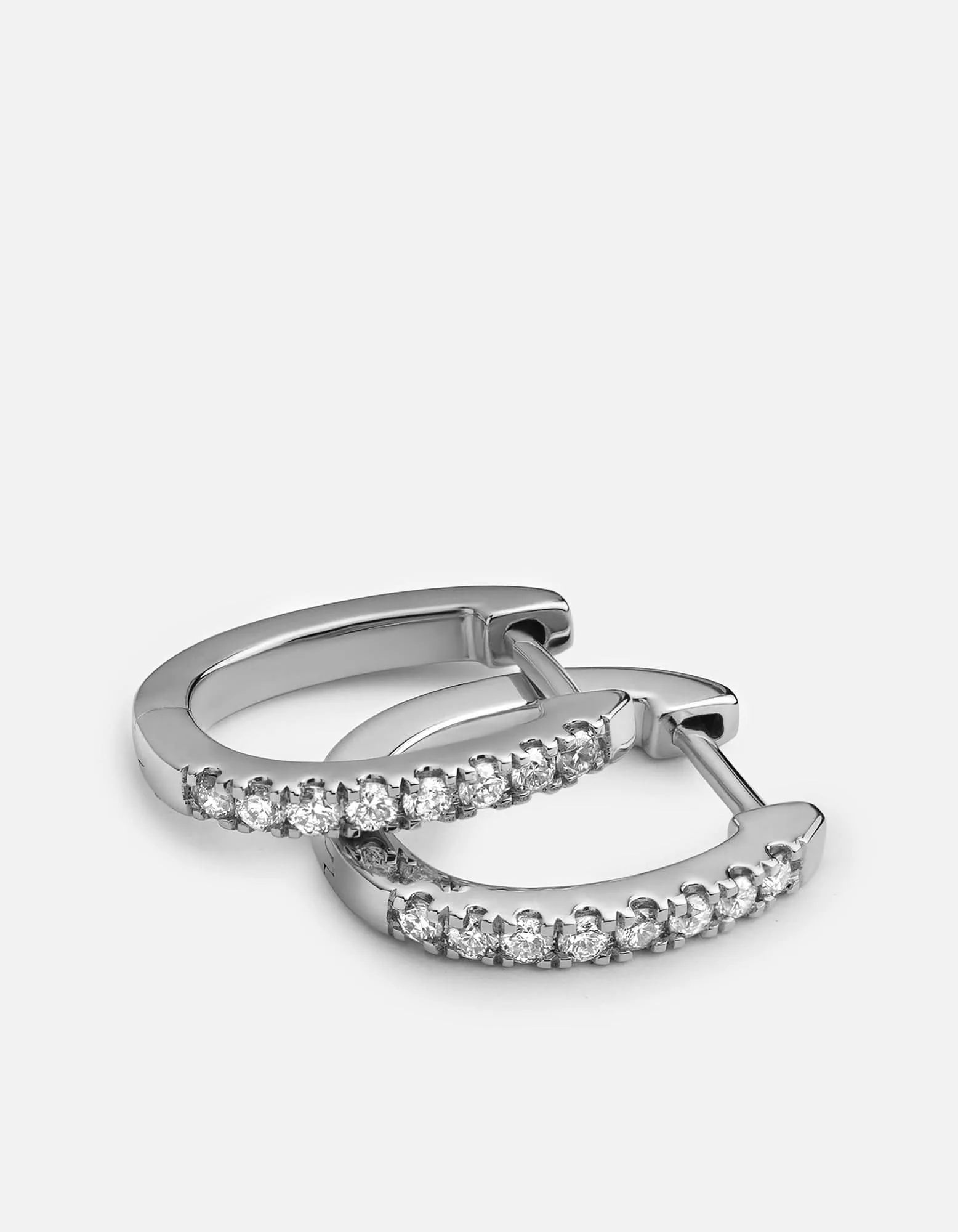 Linear Huggie Earrings, 14k White Gold Pavé
