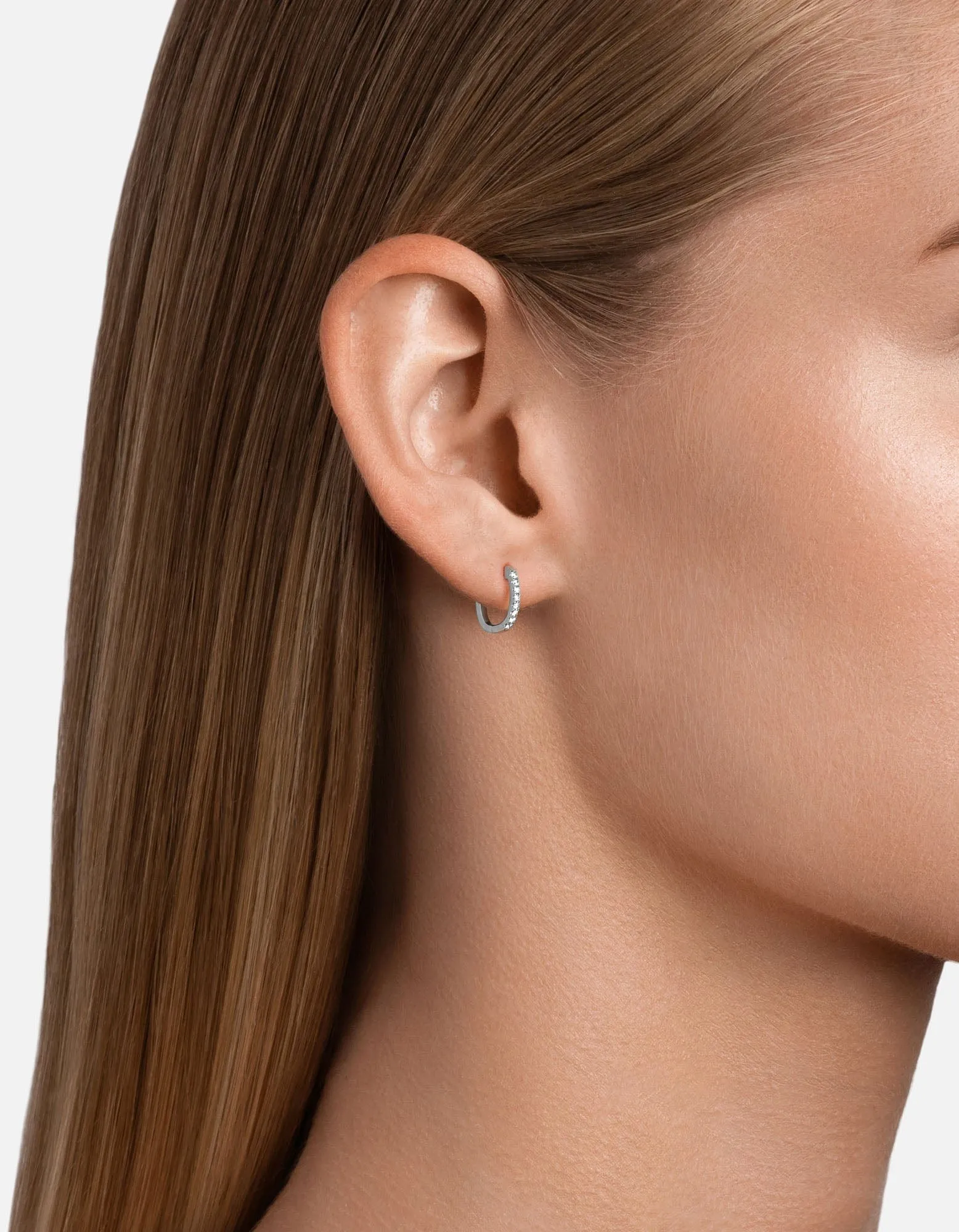 Linear Huggie Earrings, 14k White Gold Pavé