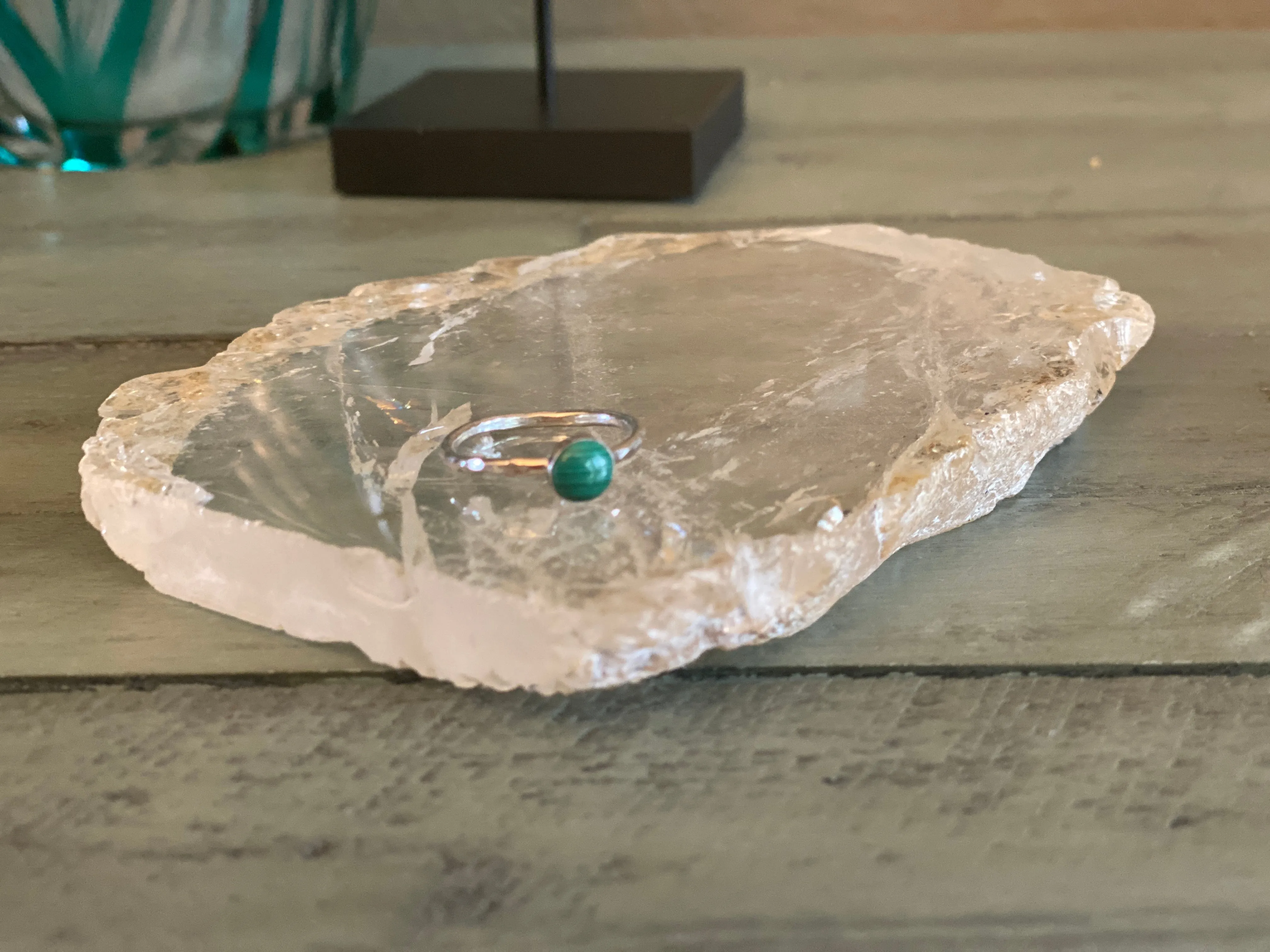 Malachite Cabochon Hammered Ring, Hand Set in Sterling Silver, Size 7, Gift Box FB3146