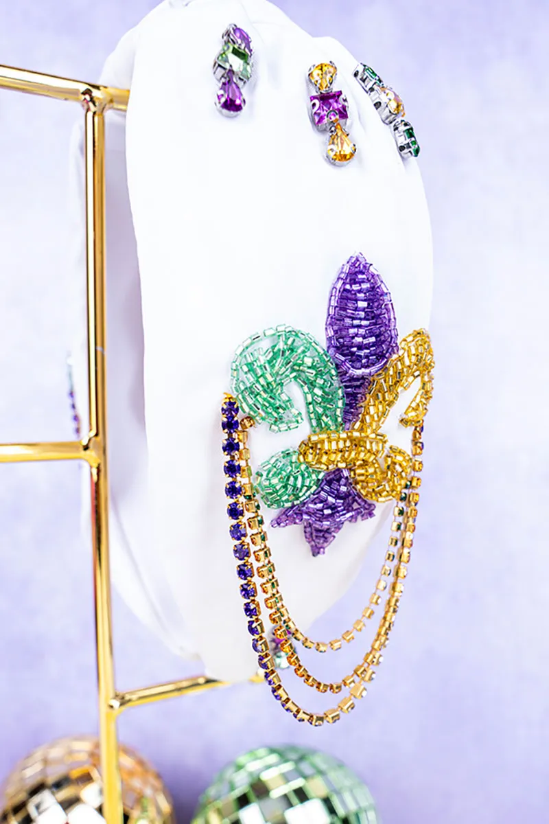 Mardi Gras White Sequin Rhinestone Knotted Headband