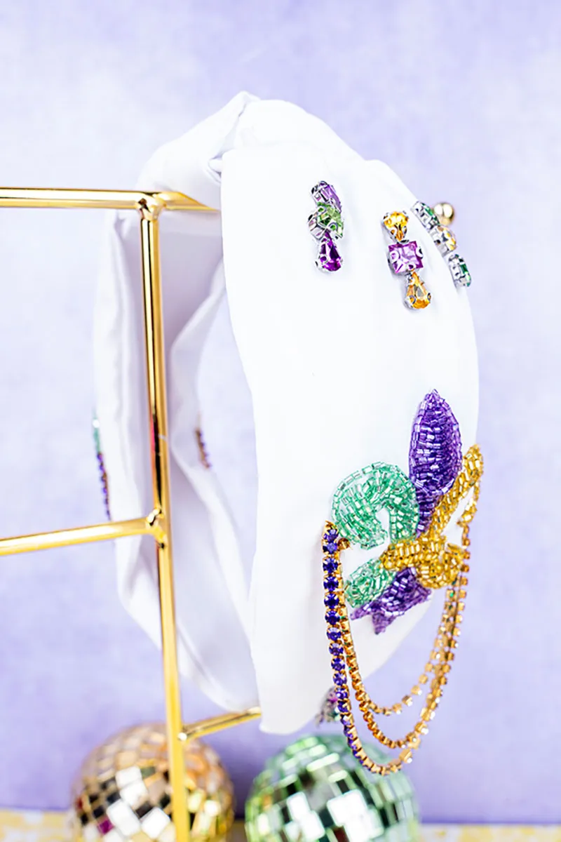 Mardi Gras White Sequin Rhinestone Knotted Headband