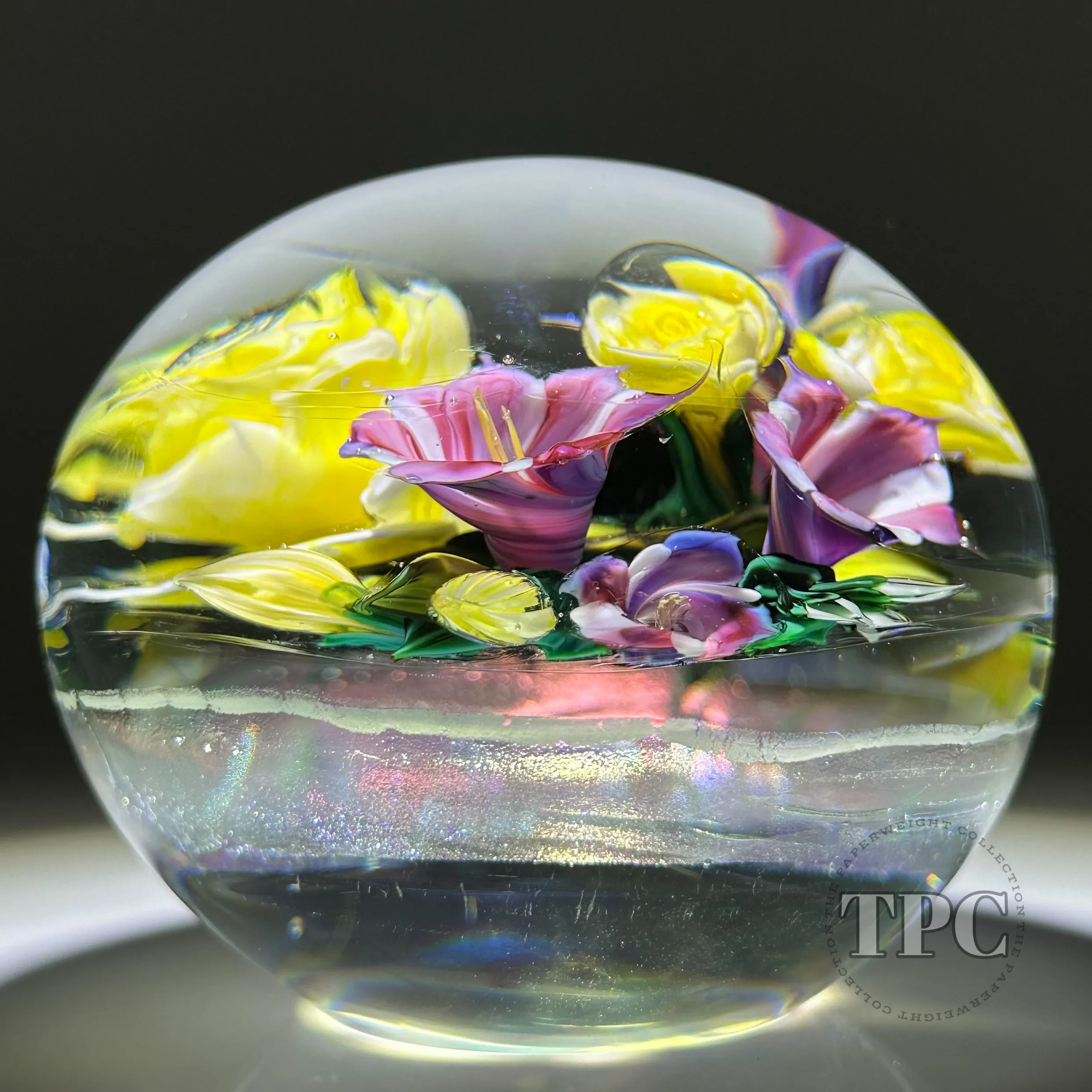 Melissa Ayotte 2024 Glass Art Paperweight Flamework Flower Bouquet on Dichroic Clear Ground