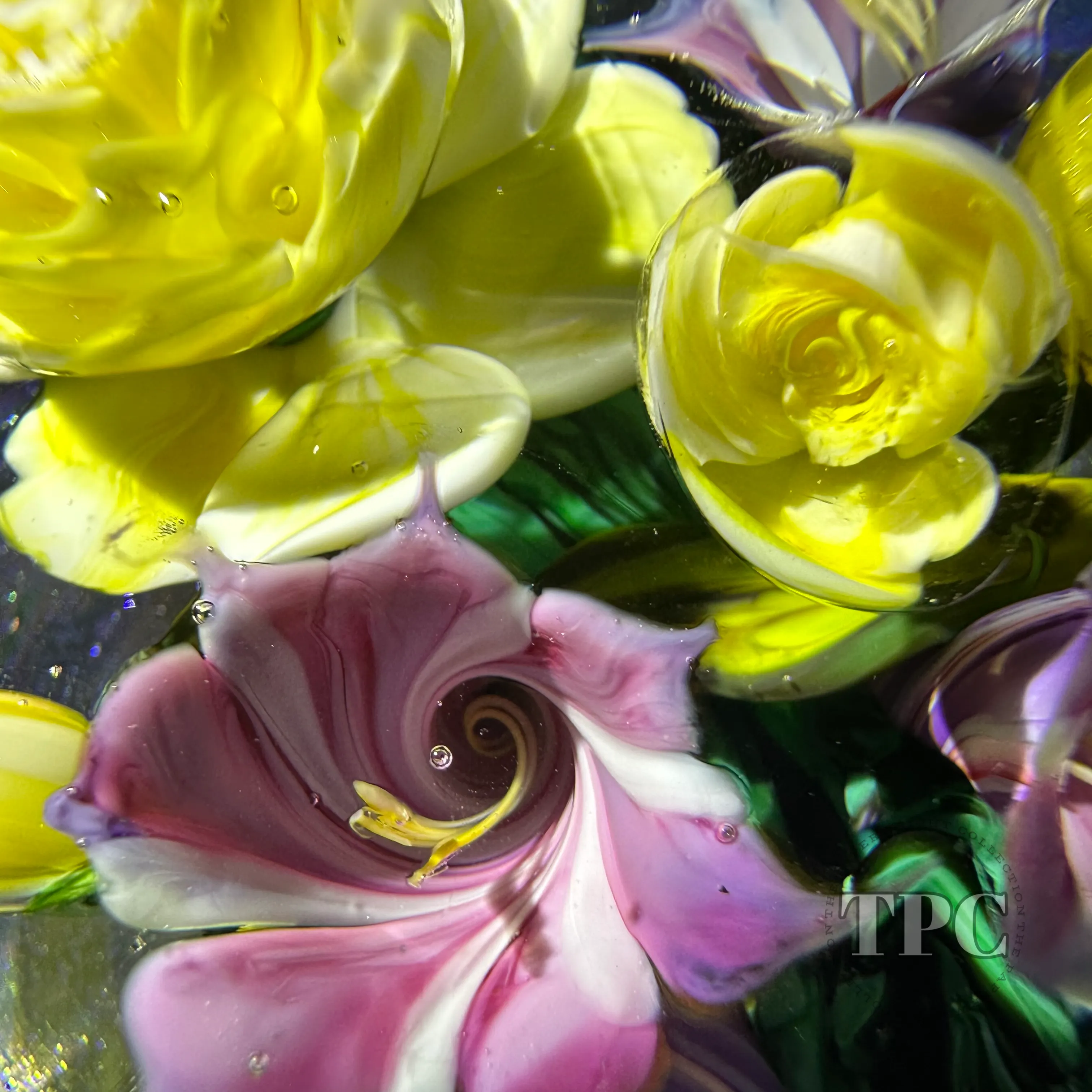 Melissa Ayotte 2024 Glass Art Paperweight Flamework Flower Bouquet on Dichroic Clear Ground