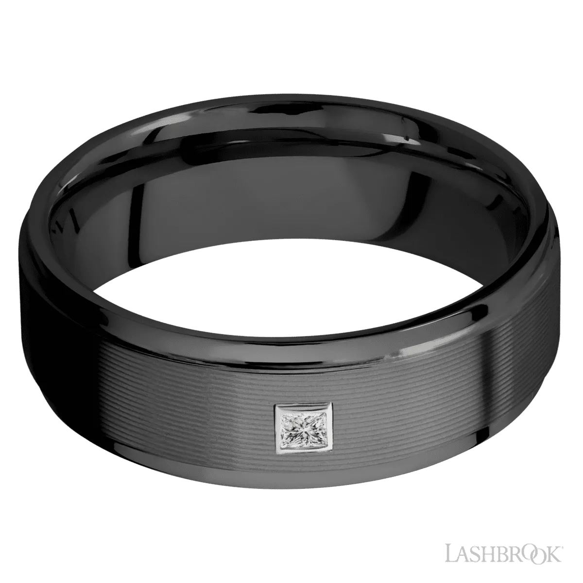 Men's 8MM Zirconium Wedding Ring with Machine Finish And Bezel Set Princess Diamond Accent (.06ctw)