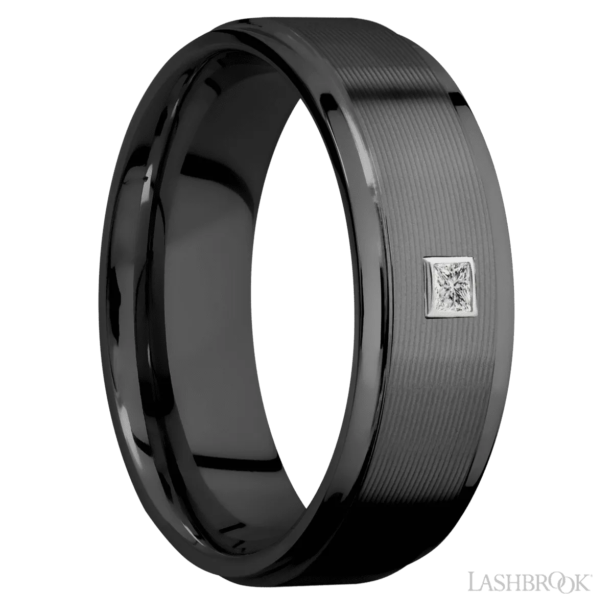 Men's 8MM Zirconium Wedding Ring with Machine Finish And Bezel Set Princess Diamond Accent (.06ctw)