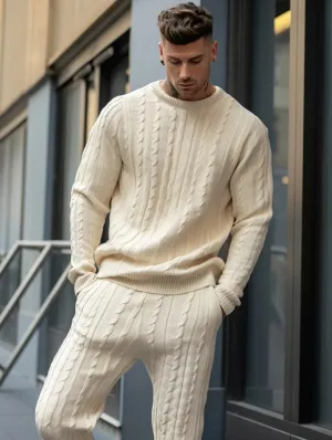 Men's Beige Thick Knitted Sweater Set