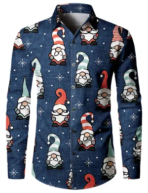 Men's Christmas Blue Cute Gnome Cotton Long Sleeve Shirt