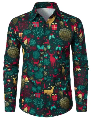 Men's Christmas Reindeer Holiday Cotton Long Sleeve Shirt
