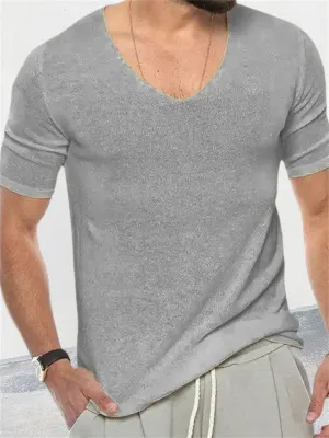 Men's Cozy V Neck Slim Fit Short Sleeve Knitted Shirts for Summer