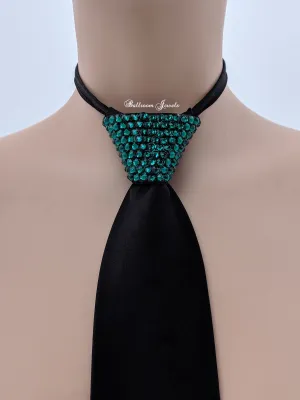 Men's  Crystal Black Tie - Emerald