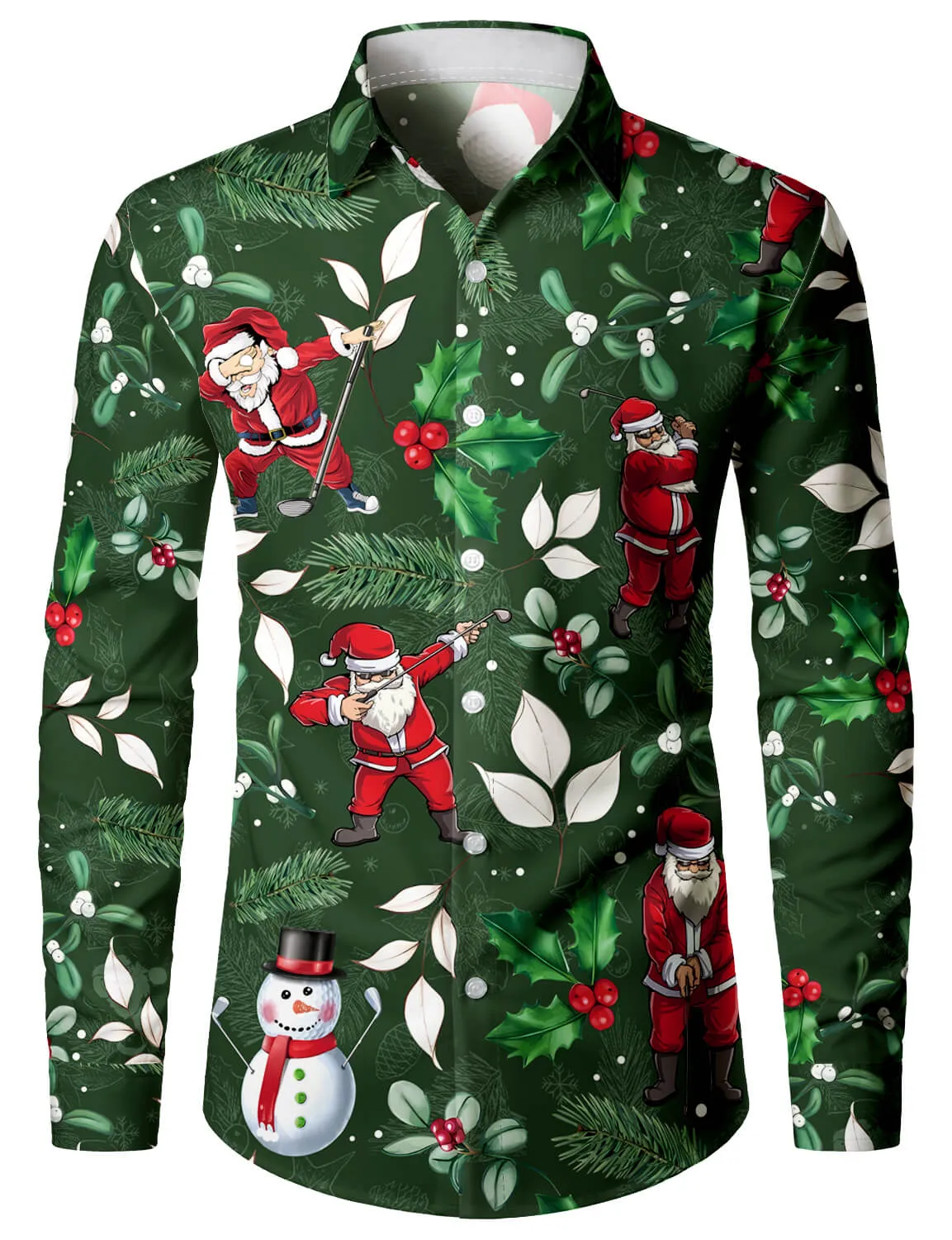 Men's Golf Santa Print Christmas Gift Long Sleeve Shirt