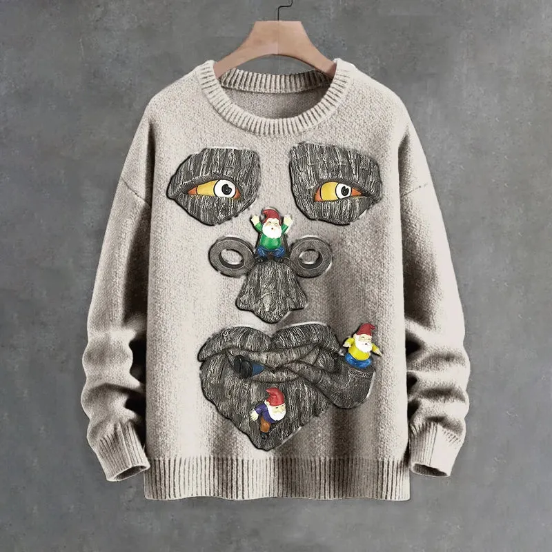 Men's Moxic Old Man Tree Faces Dwarf Print Knit Sweater
