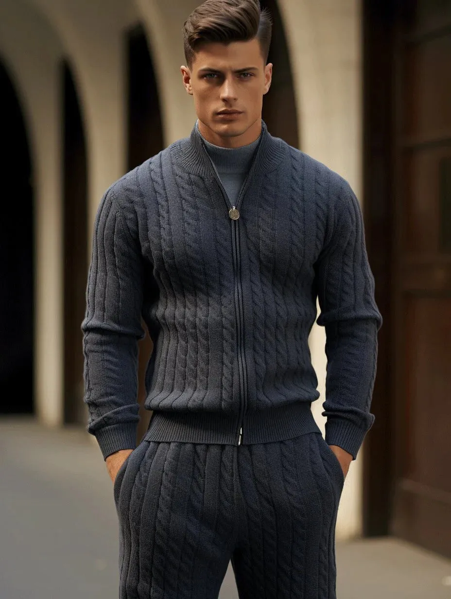 Men's Navy Blue Zipper Knitted Set