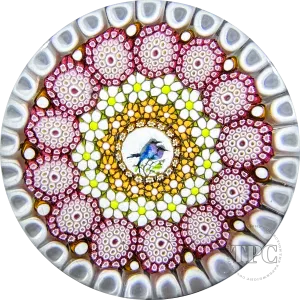 Miniature Michael Hunter Twists Studio 2024 Glass Art Paperweight Concentric Millefiori with Gouldian Finch Murrine