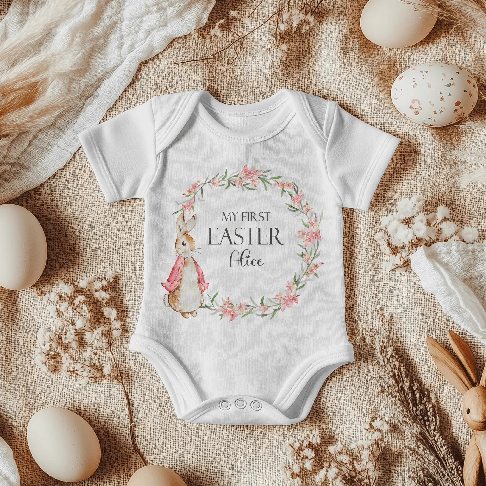 My First Easter Peter Rabbit Inspired Wreath (Girl) Personalised Baby Bodysuit