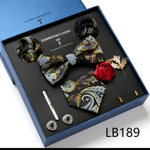 Necktie set for Men Silk Butterfly Tie Hanky Cufflinks Cufflinks Tie Clips and Lapel Pin Sets