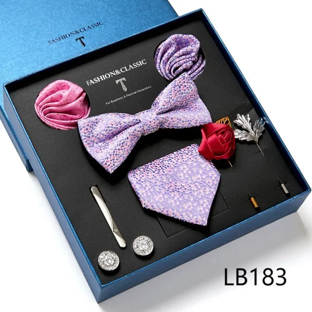 Necktie set for Men Silk Butterfly Tie Hanky Cufflinks Cufflinks Tie Clips and Lapel Pin Sets