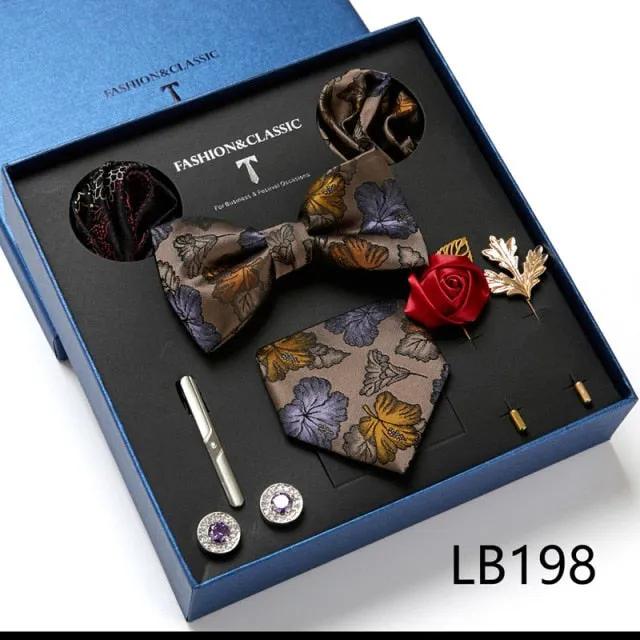 Necktie set for Men Silk Butterfly Tie Hanky Cufflinks Cufflinks Tie Clips and Lapel Pin Sets