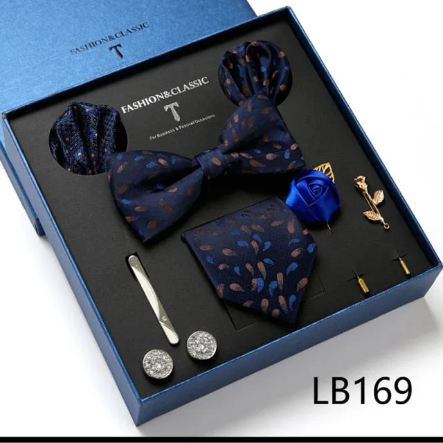Necktie set for Men Silk Butterfly Tie Hanky Cufflinks Cufflinks Tie Clips and Lapel Pin Sets