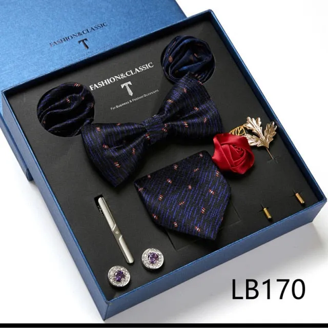 Necktie set for Men Silk Butterfly Tie Hanky Cufflinks Cufflinks Tie Clips and Lapel Pin Sets