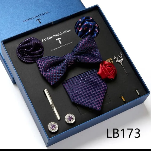 Necktie set for Men Silk Butterfly Tie Hanky Cufflinks Cufflinks Tie Clips and Lapel Pin Sets
