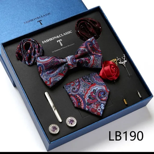Necktie set for Men Silk Butterfly Tie Hanky Cufflinks Cufflinks Tie Clips and Lapel Pin Sets