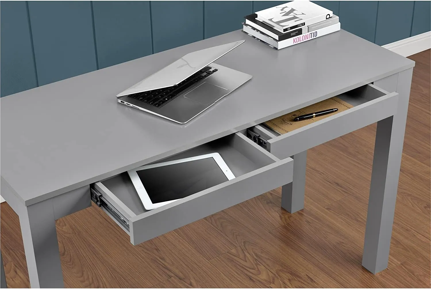New assembled Ameriwood Home Large Parsons Desk with 2 Drawers, Grey, has some minor cosmetic damage from transport shown in pics!