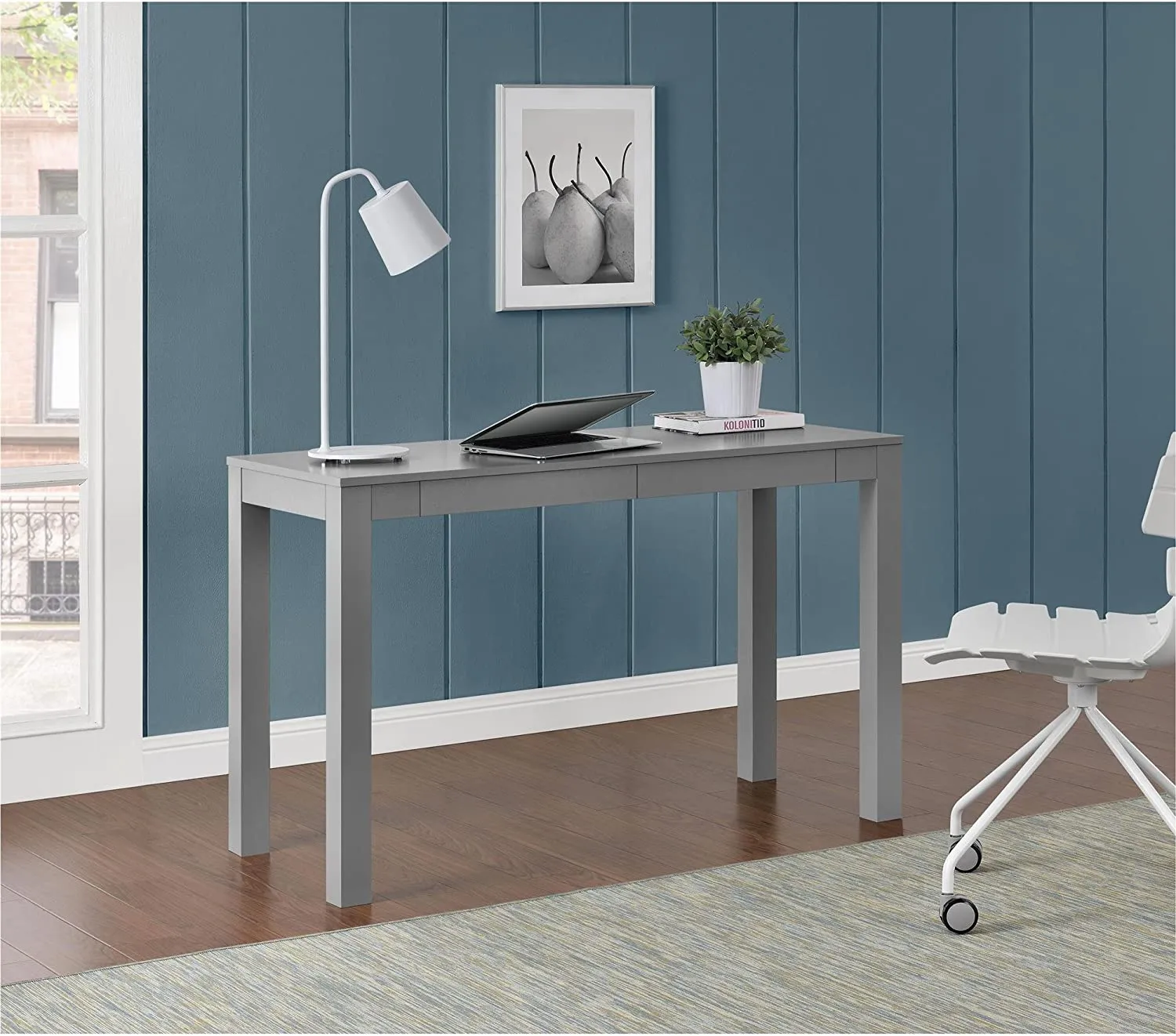 New assembled Ameriwood Home Large Parsons Desk with 2 Drawers, Grey, has some minor cosmetic damage from transport shown in pics!