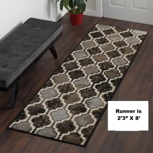 New Superior Modern Area Rug, 8mm Pile Height with Jute Backing, Chic Textured Geometric Trellis Pattern, Anti-Static, Water-Repellent - Chocolate, 2'3 x 8' Runner! Made in Egypt!