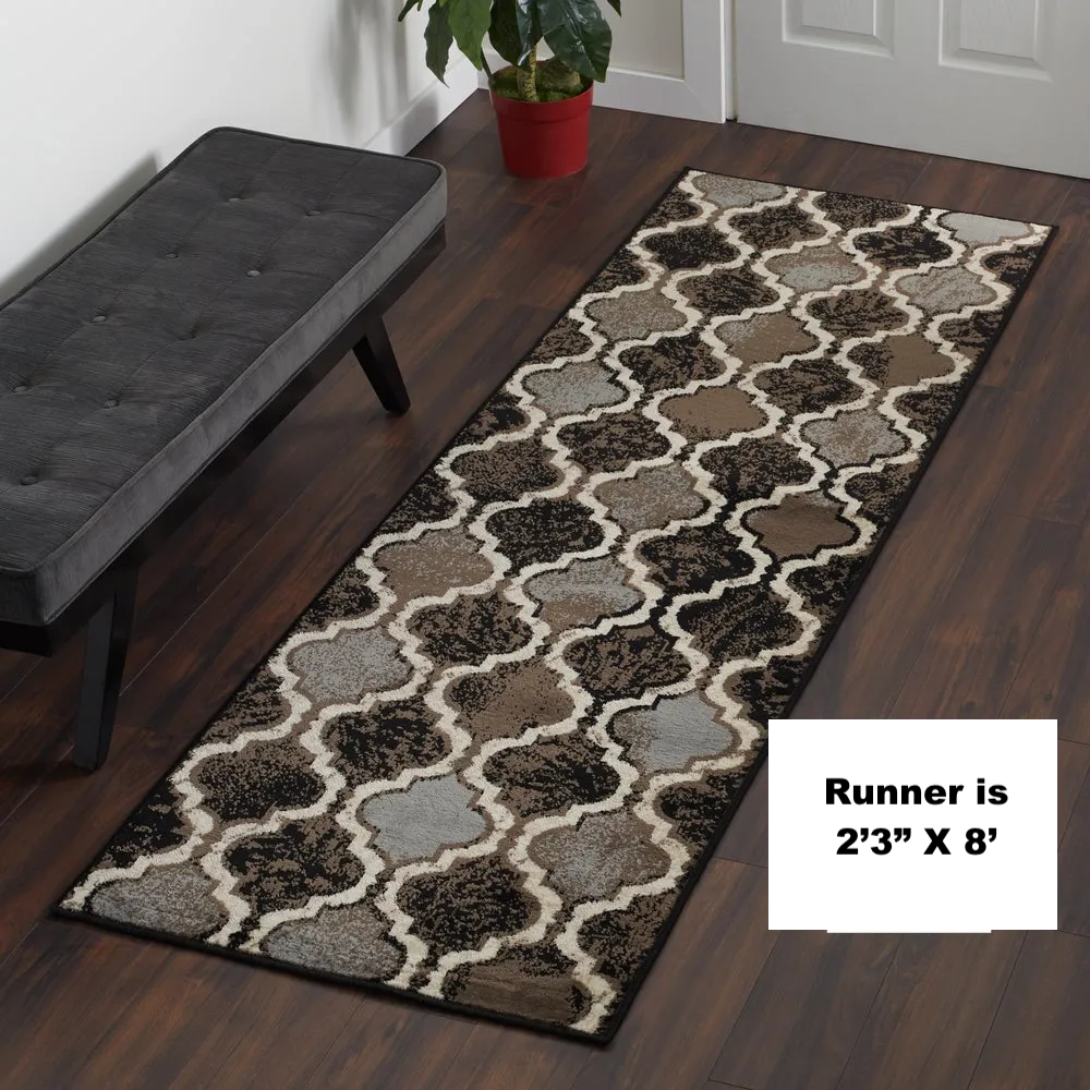 New Superior Modern Area Rug, 8mm Pile Height with Jute Backing, Chic Textured Geometric Trellis Pattern, Anti-Static, Water-Repellent - Chocolate, 2'3 x 8' Runner! Made in Egypt!