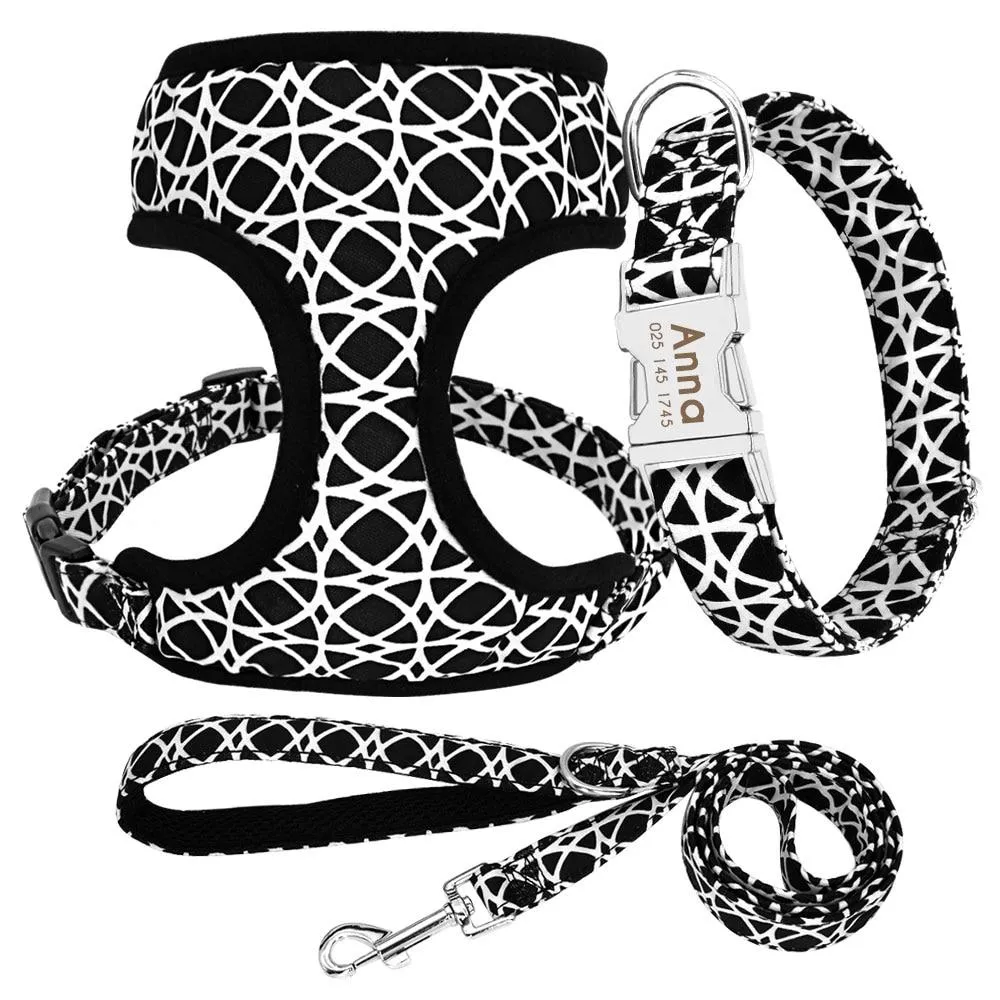 Nylon Printed Dog Collar Leash Harness Set: Personalized