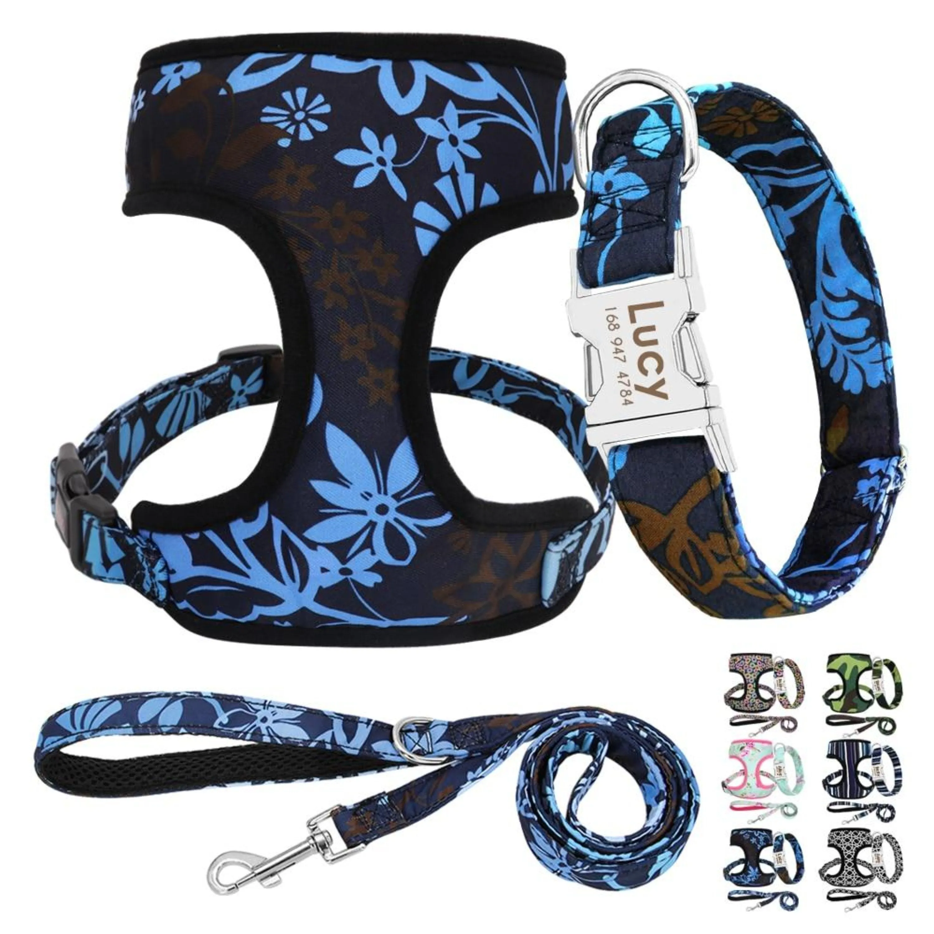 Nylon Printed Dog Collar Leash Harness Set: Personalized