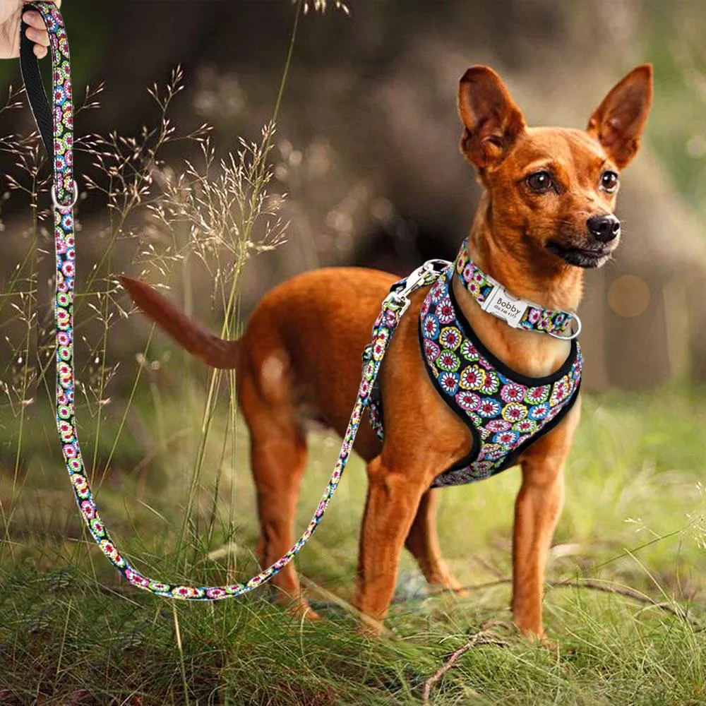 Nylon Printed Dog Collar Leash Harness Set: Personalized