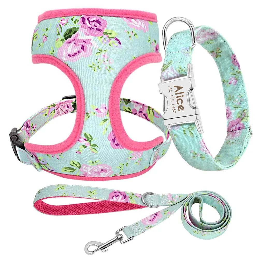 Nylon Printed Dog Collar Leash Harness Set: Personalized