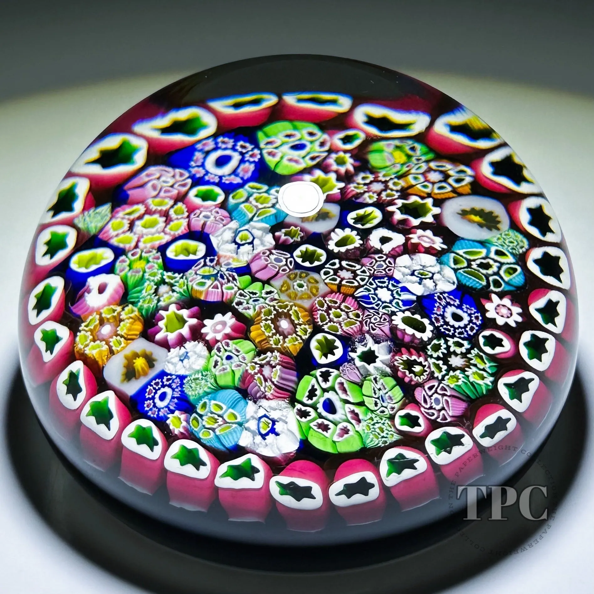 Paul Ysart Glass Art Paperweight Complex Closepack Millefiori on Blue Ground