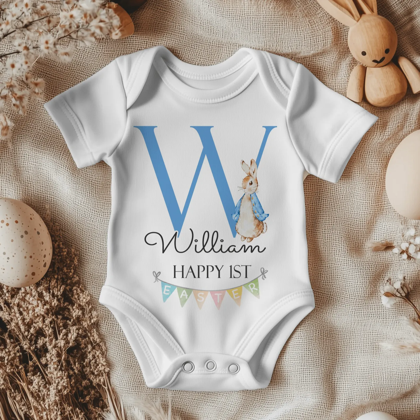 Personalised Name Initial Happy 1st Easter (Boy) Peter Rabbit Inspired Baby Bodysuit